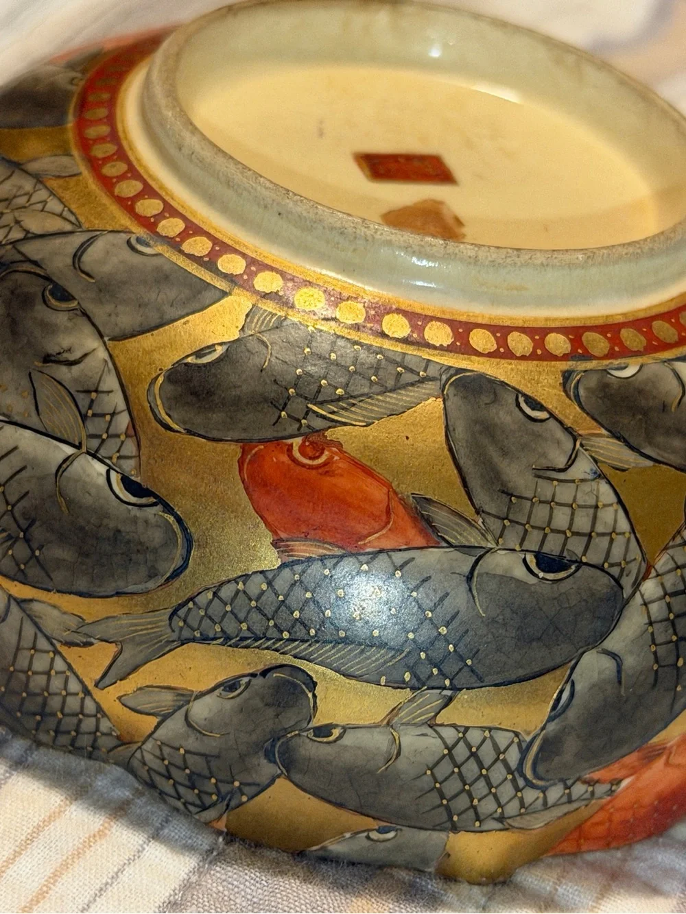 Antique Japanese Satsuma Bowl Gold Embossed Porcelain  Koi Fish